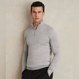 Reiss | Blackhall Merino Wool Half-Zip Jumper Sweater Soft Grey Mouline | Sz S